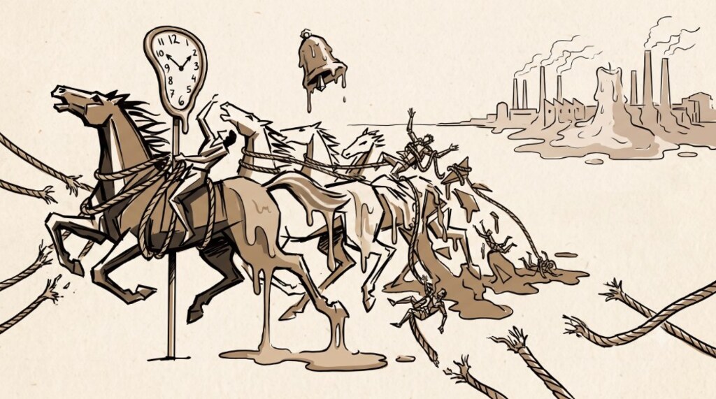 Sepia Dalí-style drawing of galloping horses melting into liquid as frayed ropes snap, with tiny figures clinging on, a melting clock and bell, and a smoky factory in the distance